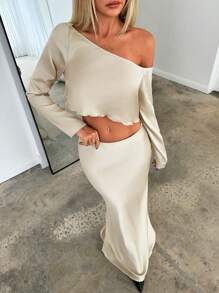 Aloruh 2 件套露肩短款上衣和缎面美人鱼裙套装，优雅女士风格，秋冬新年装冬季两件套派对女士服装节日服装性感节日圣诞节直筒裙超低腰缎面约会舞会晚宴正式婚礼生日鸡尾酒联谊会别致长裙简约优雅梦幻年轻女士精致 - 香檳色 - 查看 7