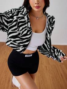 SHEIN Unity Áo nỉ dài tay in họa tiết toàn thân cho nữ, có khóa kéo, thường ngày - Đen và trắng - Xem 5