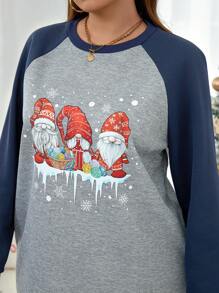 SHEIN LUNE 加大码纯色拼布圆领长袖印花休闲套头衫，女士感恩节服装，女士圣诞服装，节日服装，羊毛套头衫，圣诞衬衫女士冬装