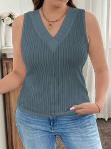 SHEIN LUNE Plus Size Women V-Neck Sleeveless Soft Knit Tank Top