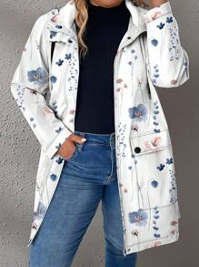 SHEIN LUNE Soft & Fresh Floral Pattern Hooded Windbreaker Jacket, Plus Size Plus Size Fall Clothes - Multicolor - View 1