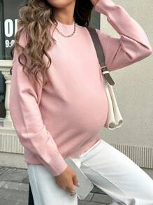 SHEIN Solid Color Maternity Sweater With Turtle Neck, Fashionable & Comfortable For Outings, Dates, And Photo Shoots - Pink - View 6