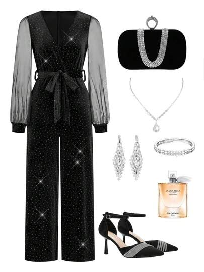 SHEIN Clasi Black Velvet Sequin Contrast Mesh Sleeve Bowknot Jumpsuit For Women, Autumn/Winter Long Sleeve Black Velvet Jumpsuit New Years Outfit Christmas Party Women Jumpsuit New Years Eve Outfit Glitter Pants Glitter Jumpsuit Party Women Outfits