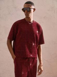 AKNOTIC Party Set de 2 camisetas casuales de manga corta con cuello redondo y hombros caídos, de punto suelto, adecuadas para el verano, para Navidad - Burdeos - Ver 4