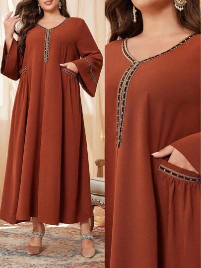 Al Najma 加大码新款女式亮片口袋天鹅绒和金属亮片带编织端庄长袖穆斯林阿拉伯连衣裙，端庄长袖优雅 Maxi Jalabiya 阿拉伯连衣裙，适合日常休闲，长袍