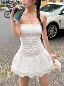 INAWLY Women Elegant Solid Color Openwork Embroidery Strapless Mini Dress - White - View 3