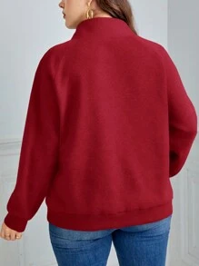SHEIN LUNE Plus Size Women Stand Collar Button Trim Raglan Sleeve Casual Sweatshirt, Fall/Winter Christmas Women Clothes - Red - View 5