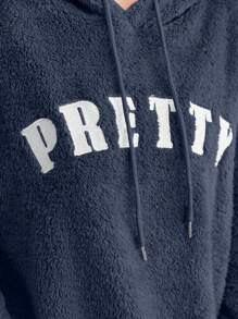 Mulvari 女式字母图案落肩长袖蓬松长款连帽卫衣连衣裙，秋冬 - 藏蓝色 - 查看 6