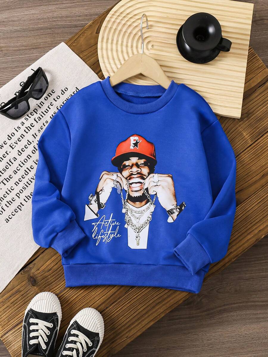 Young Boy Letter & Graphic Print Loose Fit Crew Neck Long Sleeve Casual Sweatshirt, Suitable For Outdoor And School Wear In Winter, Autumn And Spring - Royal Blue - View 1