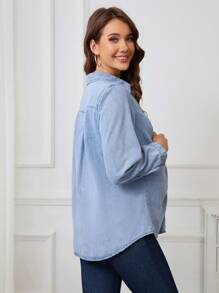 SHEIN 孕妇前扣长袖简约牛仔衬衫，日常休闲穿着