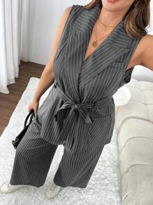 SHEIN Frenchy 2 Pieces Plus Size Women's Striped Cinched Waist Blazer And Striped Pants Set, Stylish Casual Commute & Afternoon Tea Essential Spring/Summer New Collection