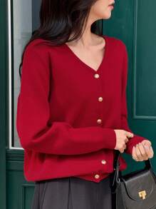 DAZY 女士V领红色节日优雅开衫，秋季服装 - 紅色 - 查看 4