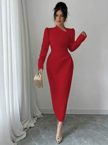 Elenzga Women's Apricot Asymmetrical Neckline Puff Sleeve Ruched Waist Slit Dress