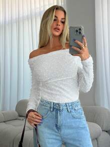 Aloruh Women Fashionable Vintage Ruched Off The Shoulder Textured Fabric Long Sleeve Casual White T-Shirt Top - White - View 1