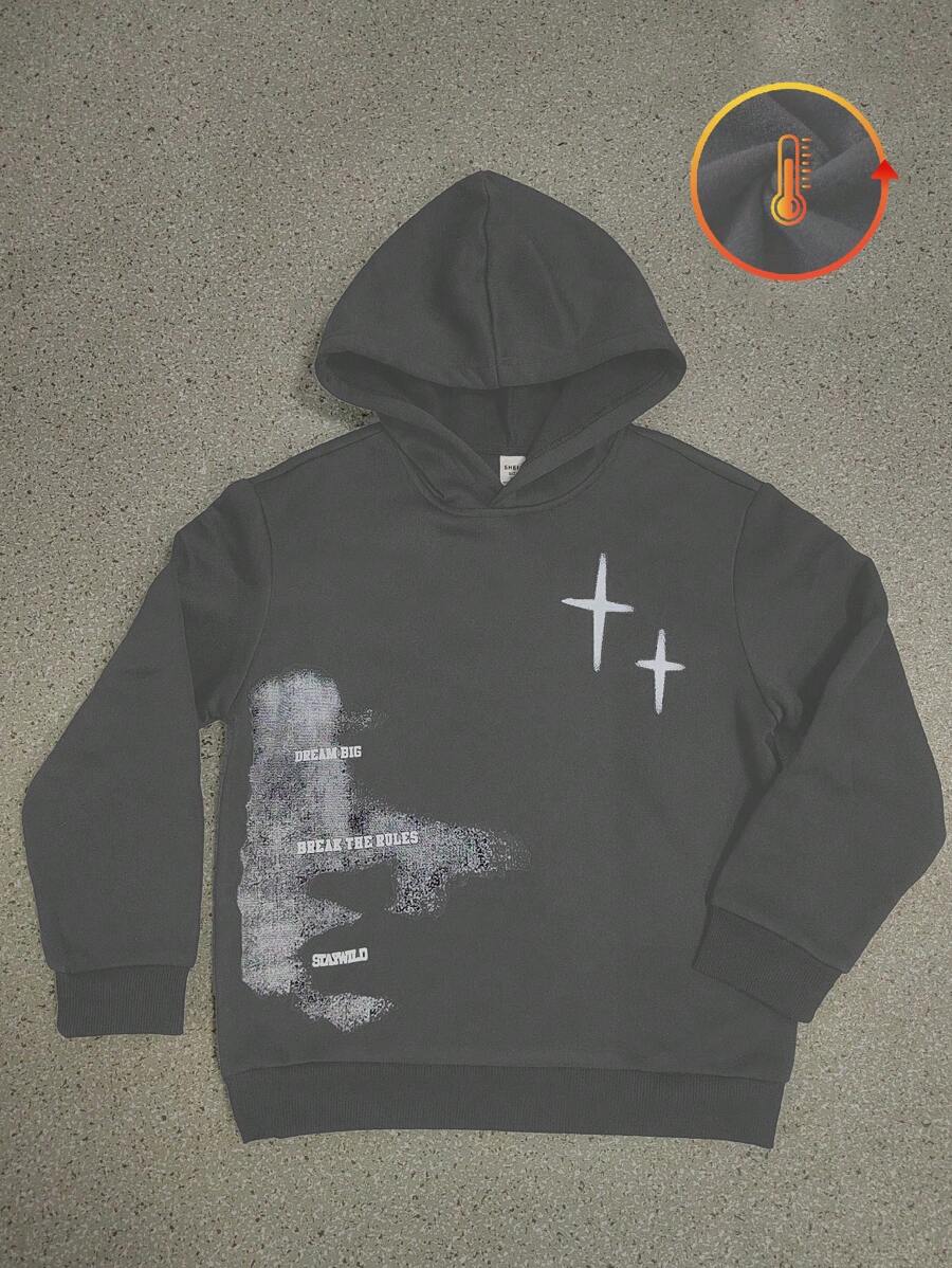 SHEIN Felpa con cappuccio da ragazzo pre-adolescente con stampa grafica alla moda, vestibilità morbida in stile streetwear - Grigio Scuro - Visualizzare 1