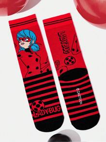 Miraculous Ladybug X SHEIN 2 pares de calcetines con estampado de figuras de dibujos animados y lunares a rayas de medianos para mujeres