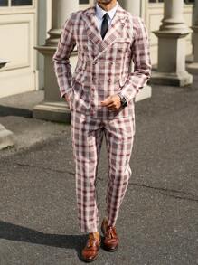 Manfinity Homme Men's Plaid Double-Breasted Suit: Blazer And Trousers Set - Khaki - View 4