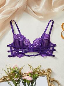 女士纯色蕾丝拼接吊带简约细肩带内衣文胸，适合日常休闲穿着 - 紫色 - 查看 2