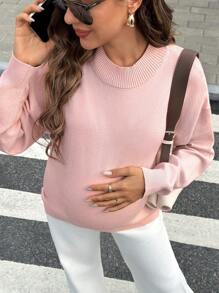 SHEIN Solid Color Maternity Sweater With Turtle Neck, Fashionable & Comfortable For Outings, Dates, And Photo Shoots - Pink - View 2