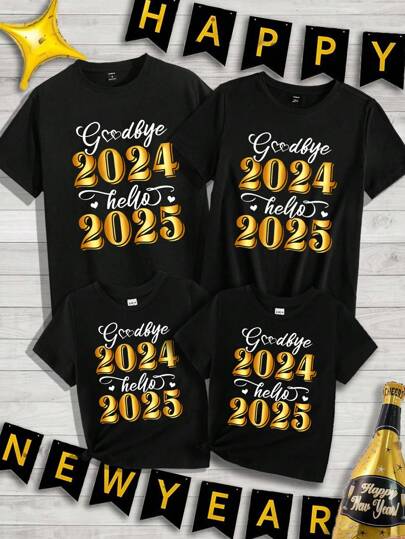 SHEIN 2025 New Year Family Party Outfit, Young Girl Casual Pattern Short Sleeve T-Shirt For Summer