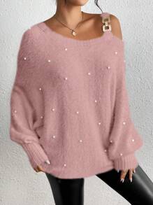 Chiquease 女士露肩长袖仿珍珠装饰休闲套头毛衣针织衫秋冬款 - 藕粉色 - 查看 4