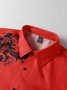 Manfinity LEGND Men's Autumn Floral Print Single-Breasted Casual Long Sleeve Shirt - Red - View 4
