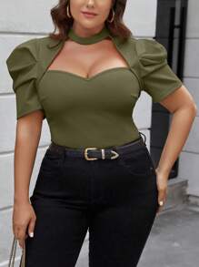 SHEIN Privé 大码纯色立领短袖简约 T 恤，休闲日常穿着 - 軍綠色 - 查看 6