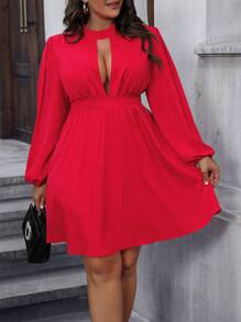 SHEIN Unity Plus Cut Out Front Lantern Sleeve Dress For New Year Clothes - Red - View 1