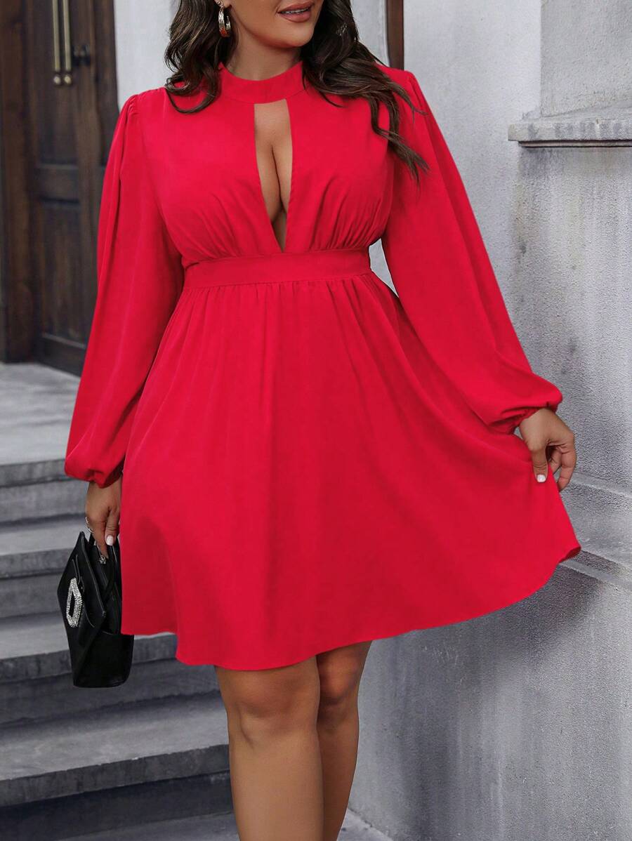 SHEIN Unity Plus Cut Out Front Lantern Sleeve Dress For New Year Clothes - Red - View 1