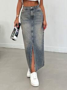 EURMUSE WOMEN LOW WAIST SLASH MAXI SKIRT - Medium Wash - View 6