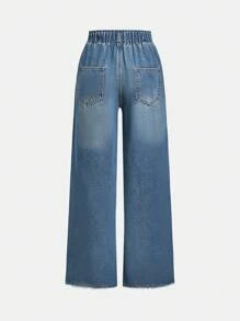 SHEIN Girls Loose Elastic Waist With Bow Straight Leg Jeans, Blue