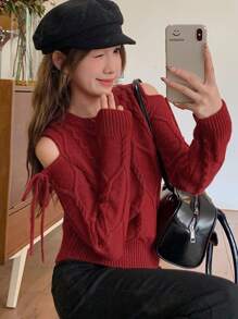 DAZY Suéter de manga larga con hombros abiertos y nudo delantero de unicolor para mujer, otoño/invierno