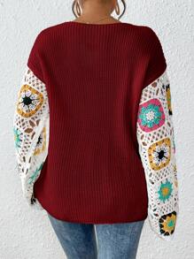 SHEIN VCAY Women's Floral Pattern Oversized Drop Shoulder Long Sleeve Sweater, Autumn/Winter - Red - View 2