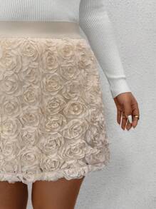 Celure Plus Size Elegant Apricot A-Line Skirt, 3D Rose Floral Decor Knee Length Skirt, Suitable For Valentine's Day