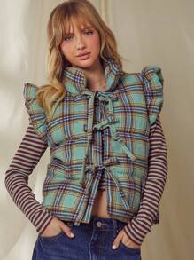 WESTFADE Plaid Cotton Bow Front Puffer Vest Top - Nashville Outfits