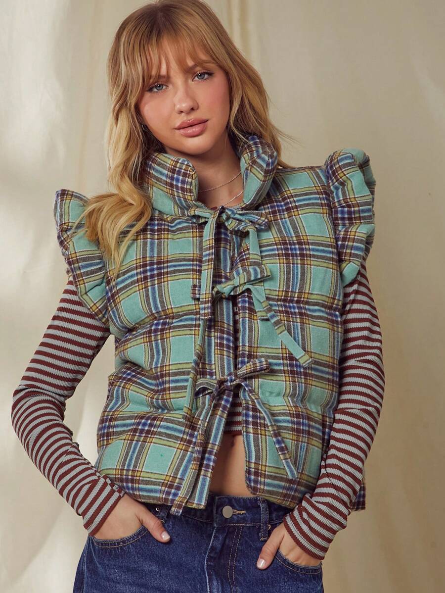 WESTFADE Plaid Cotton Bow Front Puffer Vest Top - Nashville Outfits