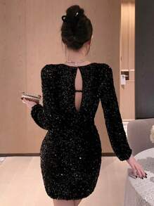 DAZY Women's Sequin V-Neck Short Sleeve Glitzy Sequined Dress, New Years Outfit Prom Dress,Fall Dress Long Sleeve Dress Luxury Elegant Women Dresses Carnival