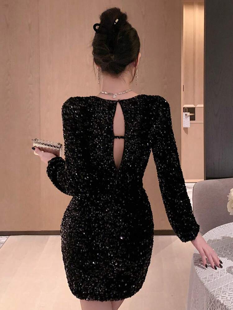 Women's Sequin V-Neck Long Sleeve Dress,Blackness,Autumn,70's,Night Out,Party Disco,Glitzy New Years Outfit Prom Carnival Sparkly Elegant Luxury Dress