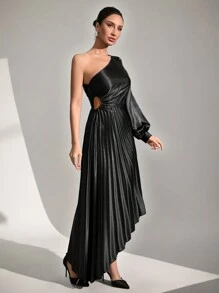 SHEIN Cottnline Women Plicated Extra Long Satin Dress - Black - View 6