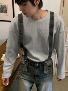 DAZY Camiseta de manga larga casual y holgada de cuello redondo de unicolor para hombre, otoño - Gris - Ver 9