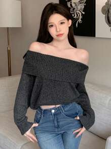 DAZY Women Solid Color Off Shoulder Sweater, Casual Long Sleeve Pullover For Autumn/Winter Crop Women Tops - Grey - View 3