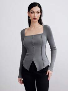 Heiryn Women's Casual Solid Color Front Button Slim Fit T-Shirt, Autumn - Grey - View 4