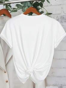 SHEIN LUNE 女式圆领短袖字母印花休闲上衣，日常穿着图案 T 恤女式上衣 - 白色 - 查看 2