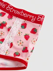 Strawberry Shortcake | ROMWE Strawberry Print Wireless Contrast Lace Lingerie Bra & Panty Set, Kawaii - Multicolor - View 4