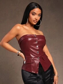 SHEIN SXY 休闲通勤简约百搭安哥拉酒红色 PU 抹胸女式衬衫，秋冬款 - 酒紅色 - 查看 3