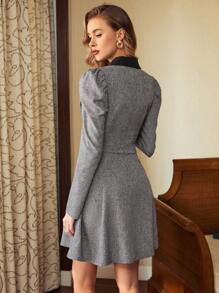 Vintamour Váy nữ thanh lịch cổ điển retro, ôm sát, cổ áo tương phản, tay áo Gigot, gấu váy xếp ly, quần áo nữ thu đông lễ tạ ơn - Xám - Xem 2