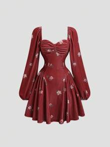 Sweetra 女士短款天鹅绒花卉印花长袖褶皱连衣裙，优雅适合派对和夜间活动 勃艮第迷你短款女装 - 酒紅色 - 查看 1