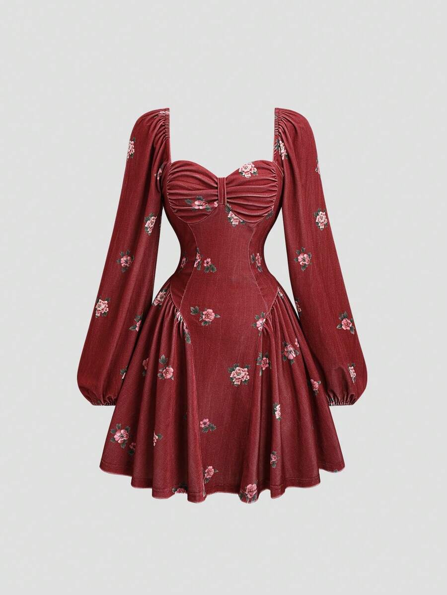 Sweetra 女士短款天鹅绒花卉印花长袖褶皱连衣裙，优雅适合派对和夜间活动 勃艮第迷你短款女装 - 酒紅色 - 查看 1