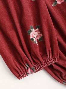 Sweetra 女士短款天鹅绒花卉印花长袖褶皱连衣裙，优雅适合派对和夜间活动 勃艮第迷你短款女装 - 酒紅色 - 查看 4