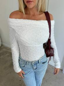 Aloruh Women Fashionable Vintage Ruched Off The Shoulder Textured Fabric Long Sleeve Casual White T-Shirt Top - White - View 2